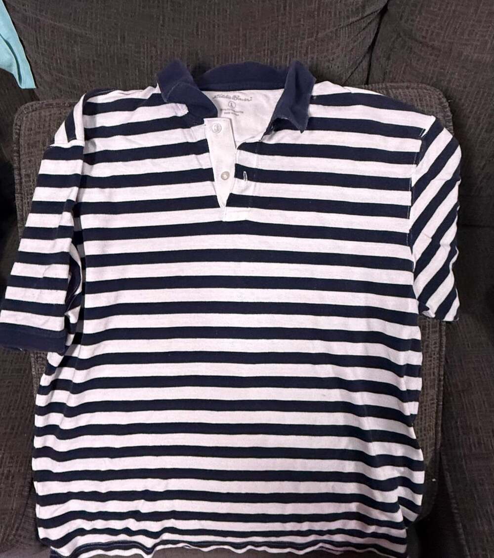 Eddie Bauer Men's Navy and White Horizontal Striped Short Sleeve Polo Shirt